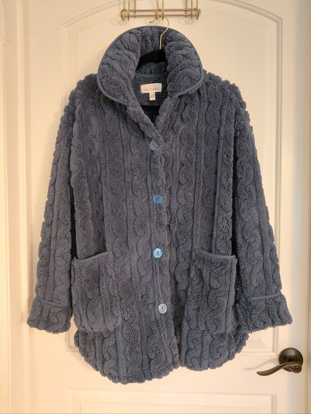 Stan Herman Plush Sherpa Robe Navy Oversized Button Front Small